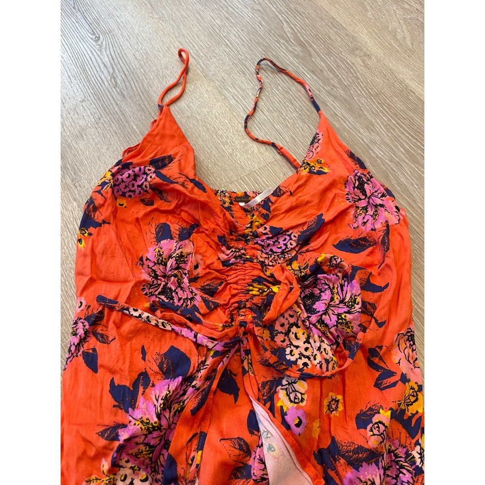 Free People Floral Sun Dress Orange Pink Mini Ruched Smocked Back Size L - Picture 2 of 5